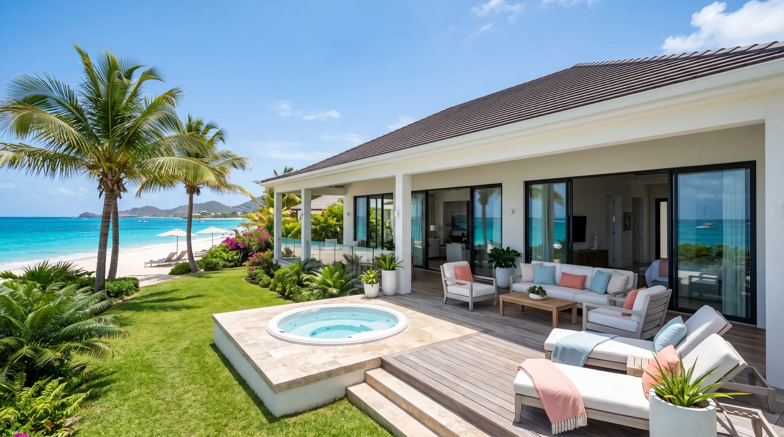 The Beach House as it will stand — terrace, jacuzzi and the sand beyond