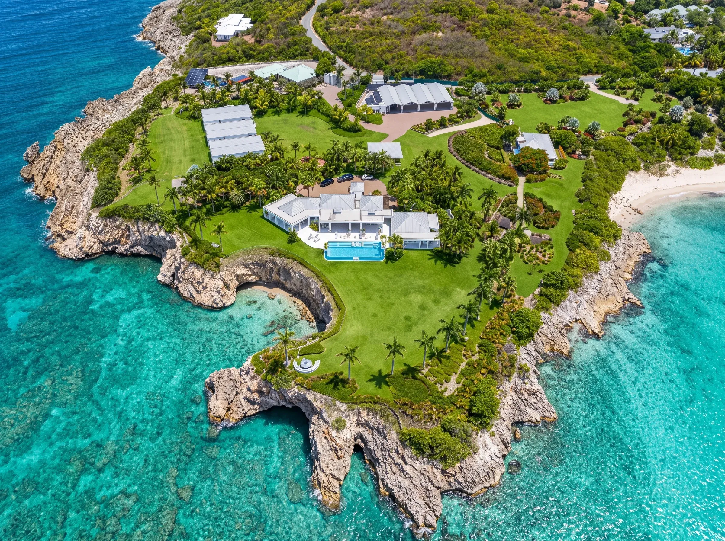 The Queen B estate, pool and private beach from above
