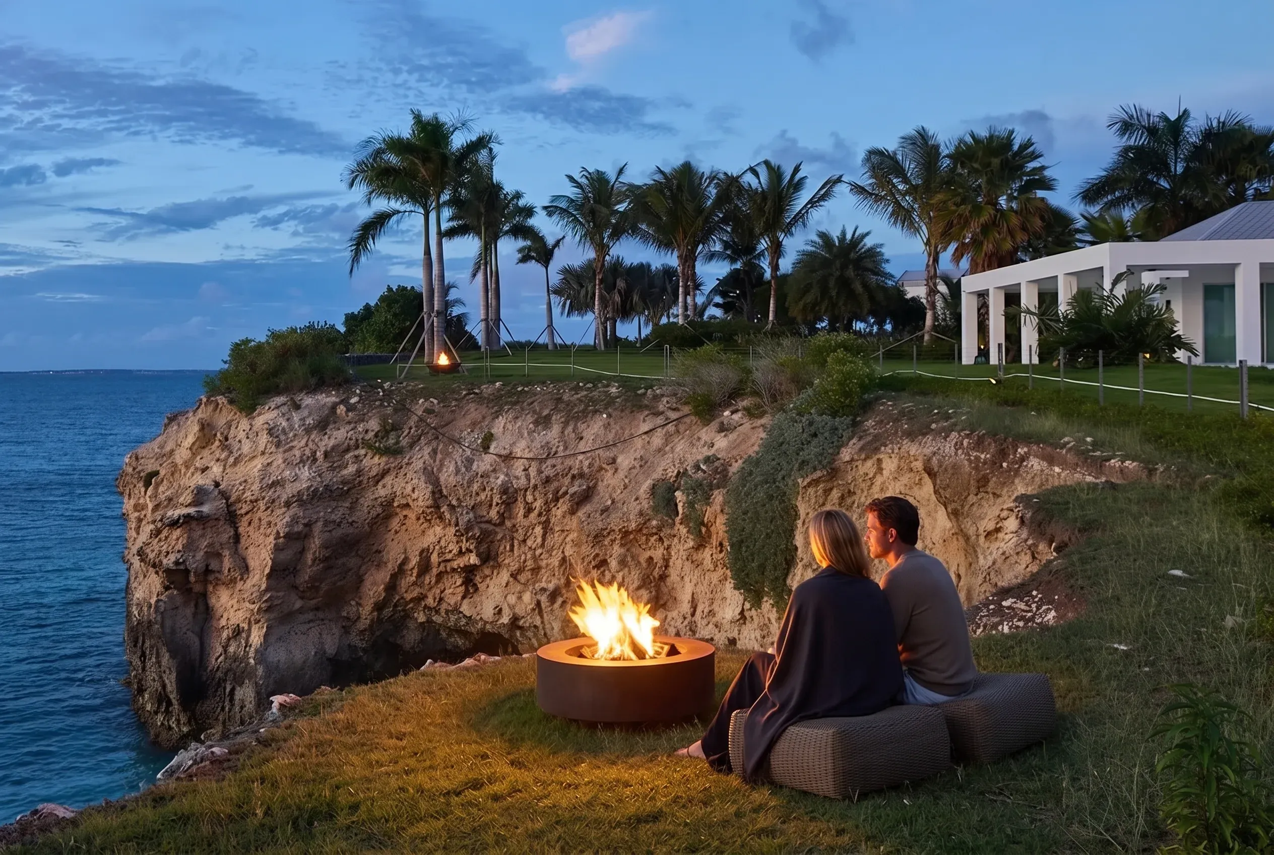 A couple by the firepit at dusk