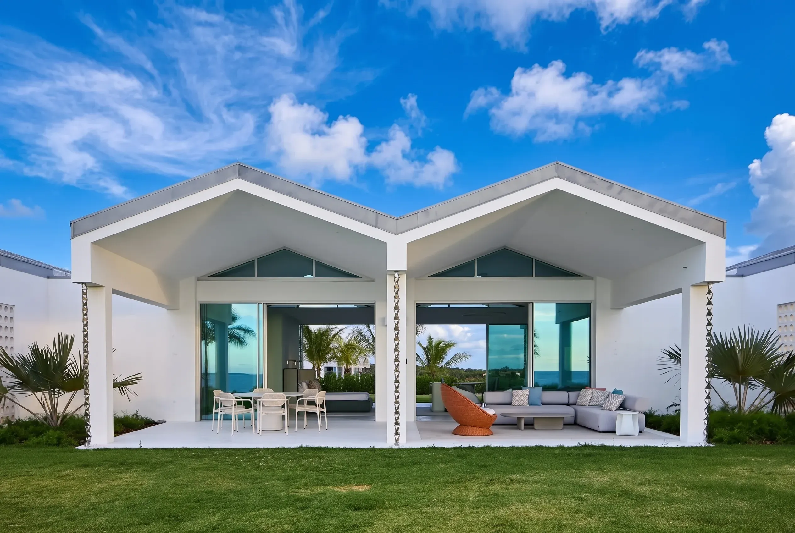 An open pavilion under a vivid blue sky