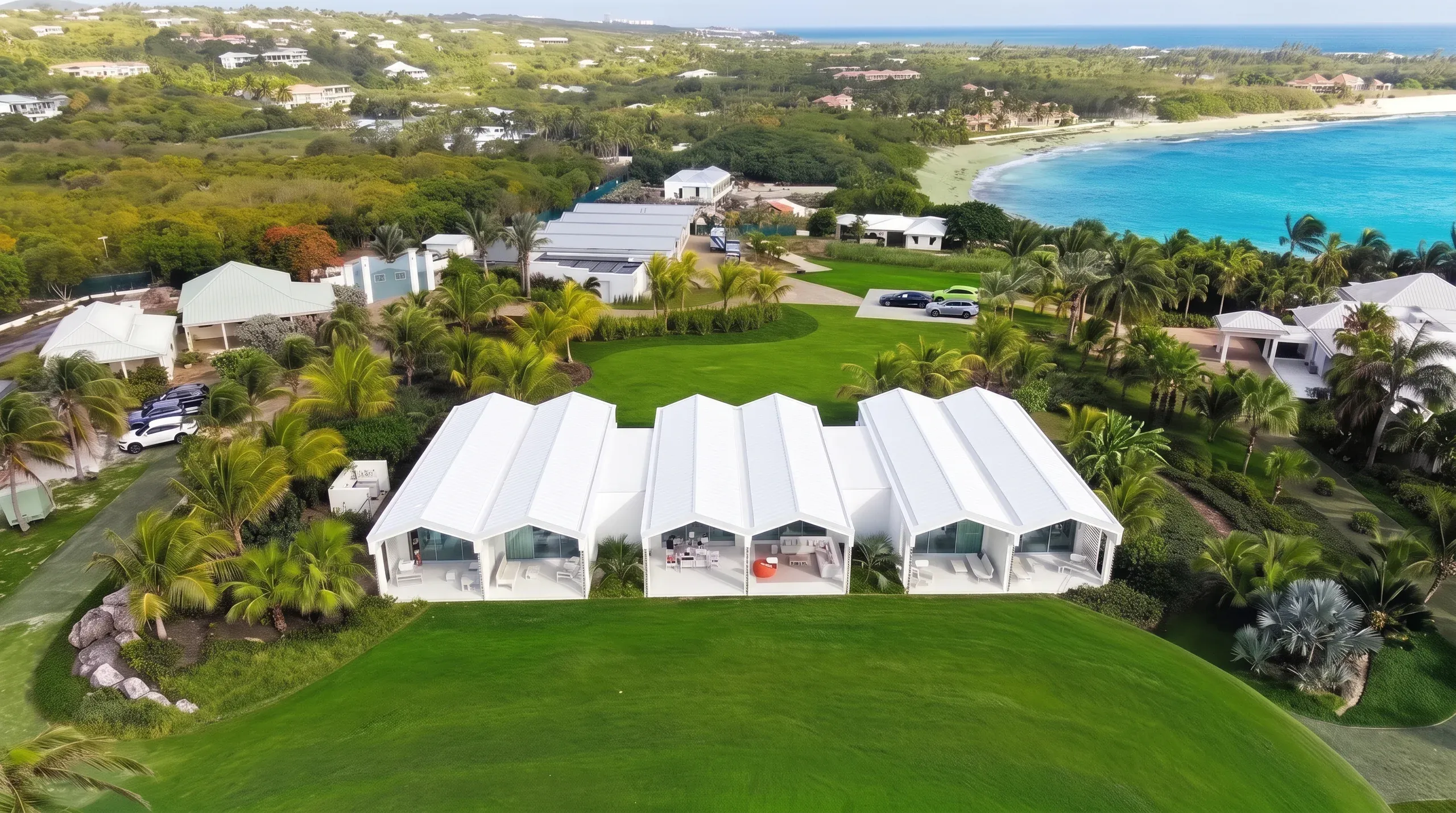 The five guest pavilions and the coastline from above