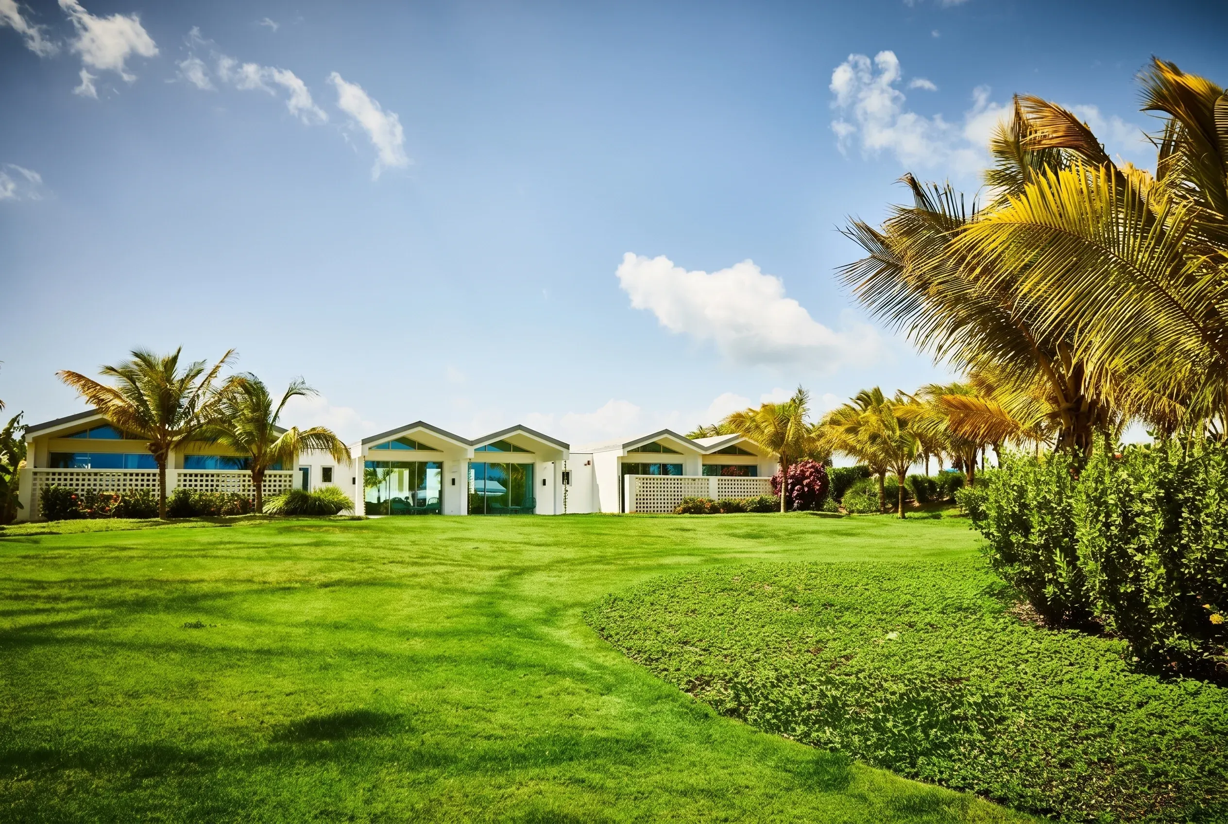 The pavilions and their lawn in full green