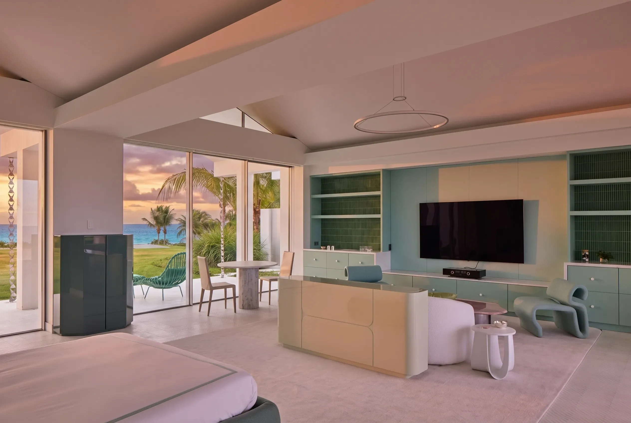Pavilion living room at the sunset hour