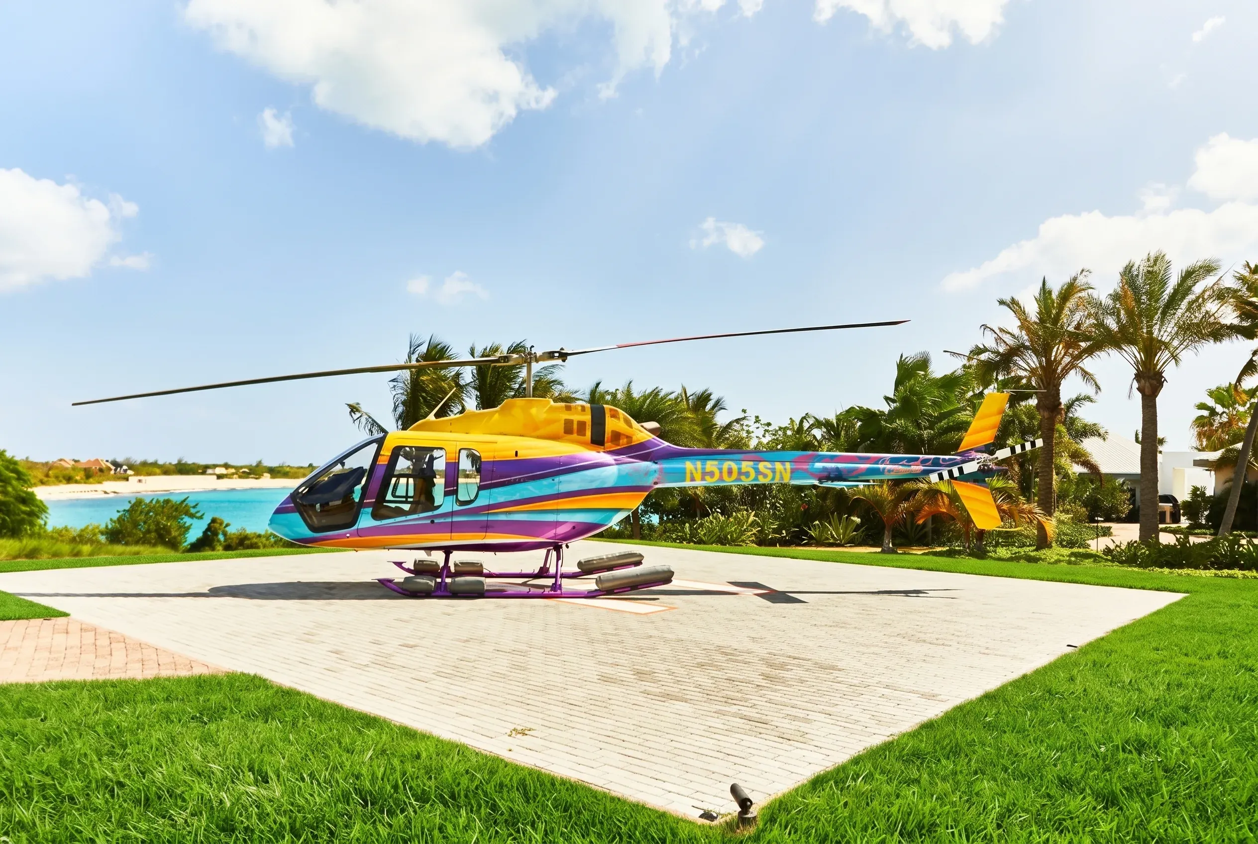 The Bell 505 against the lagoon