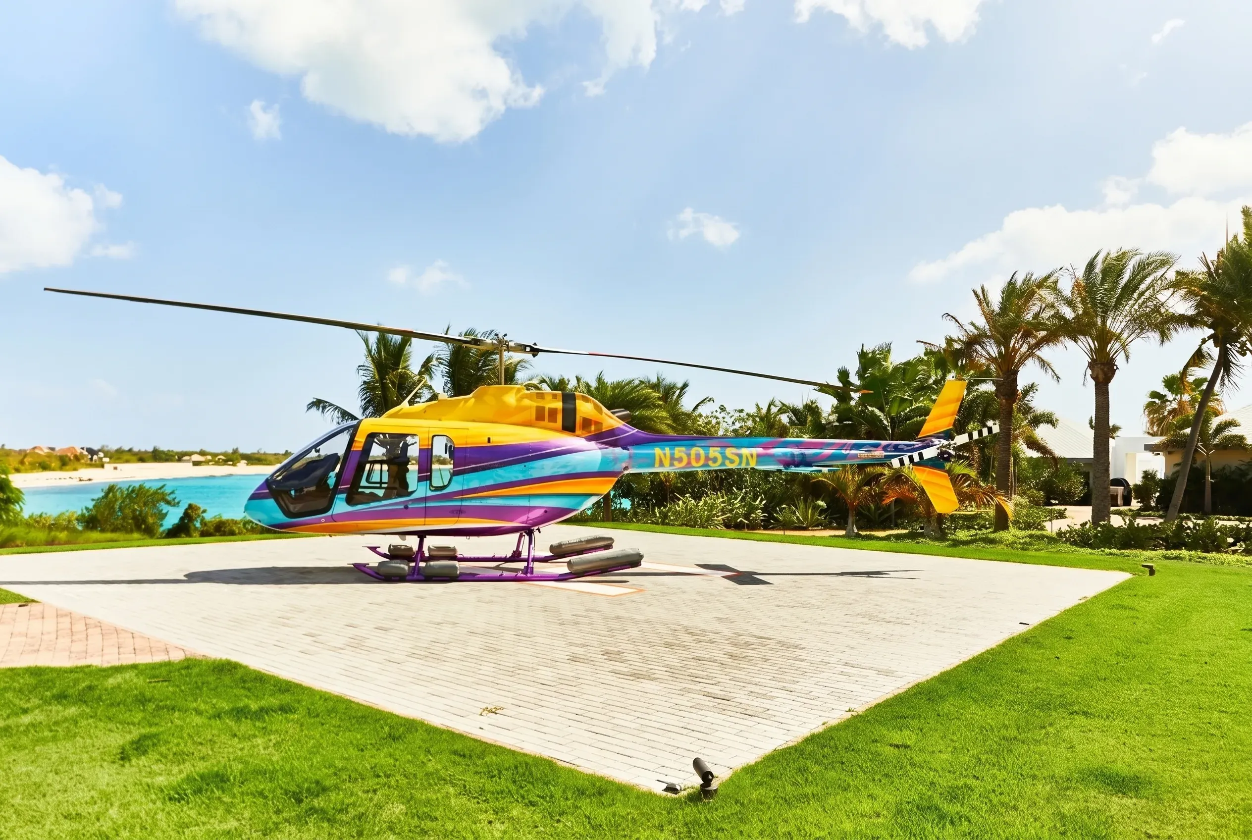 The Bell 505 on the helipad against the lagoon