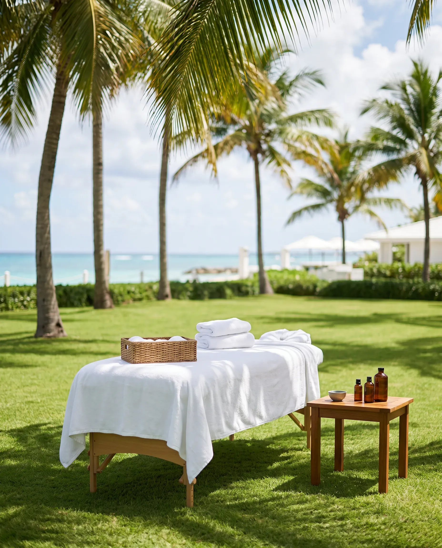A massage table set beneath the palms