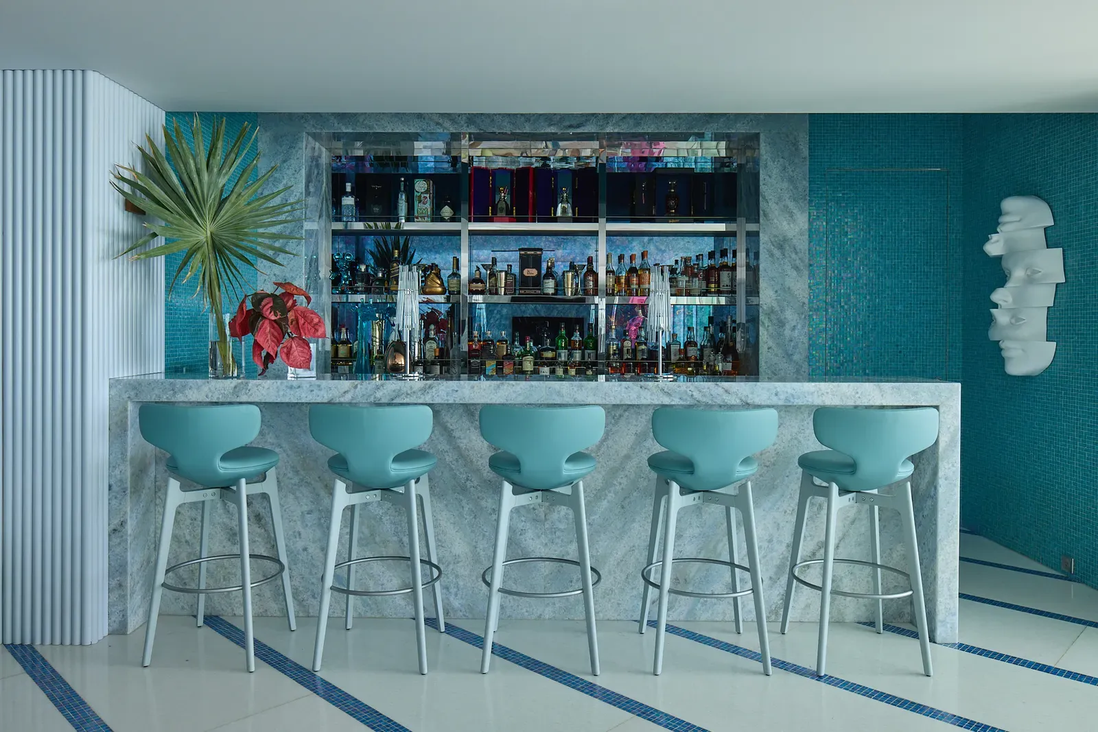 Marble bar with turquoise stools