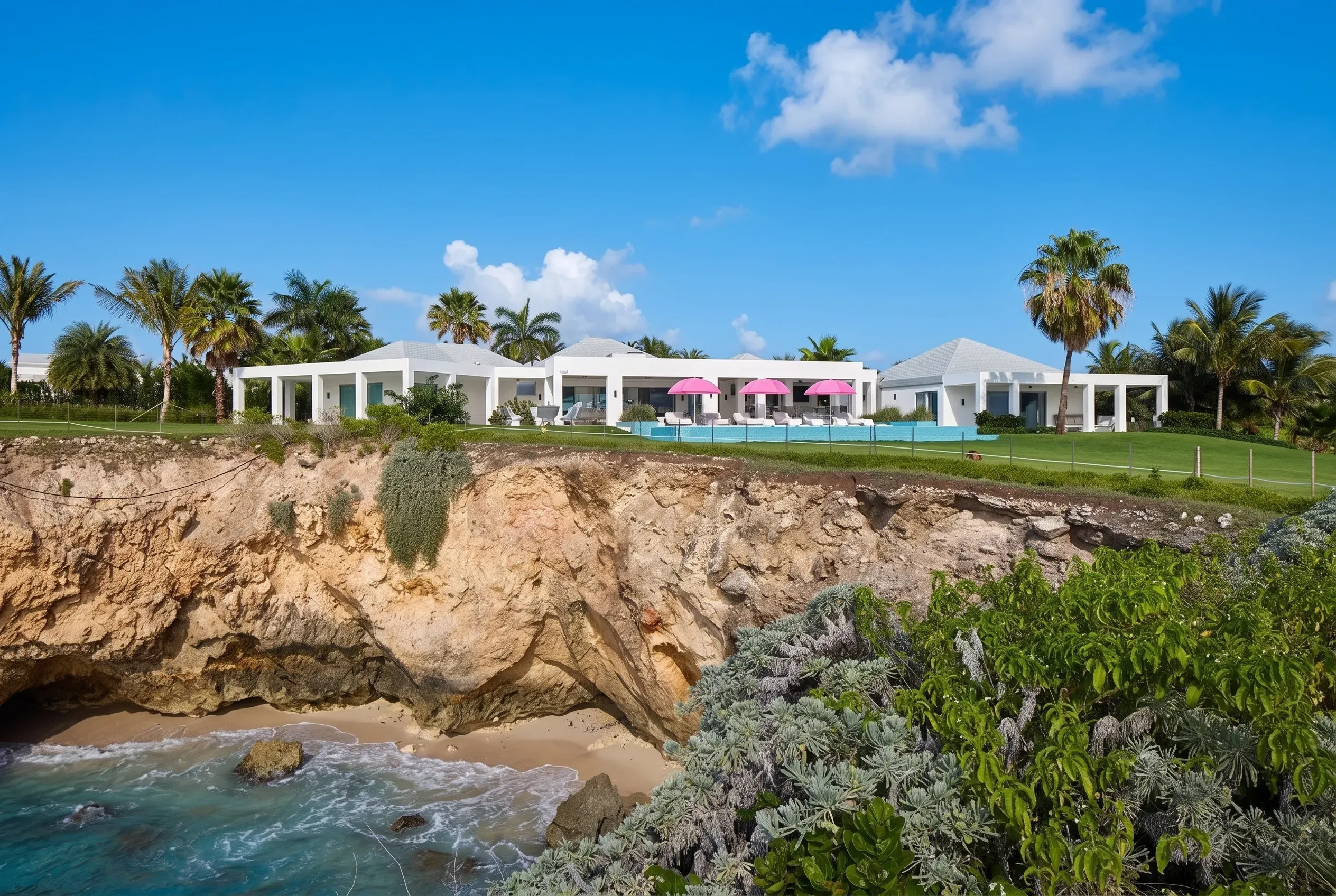 The estate on its cliffs under a Caribbean blue sky