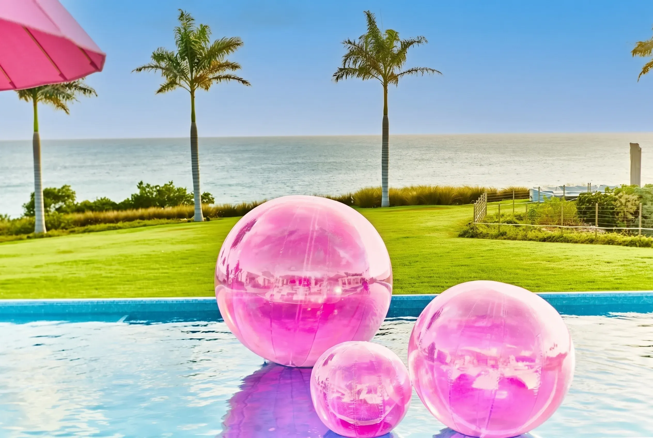 Poolside lounge under vivid pink umbrellas