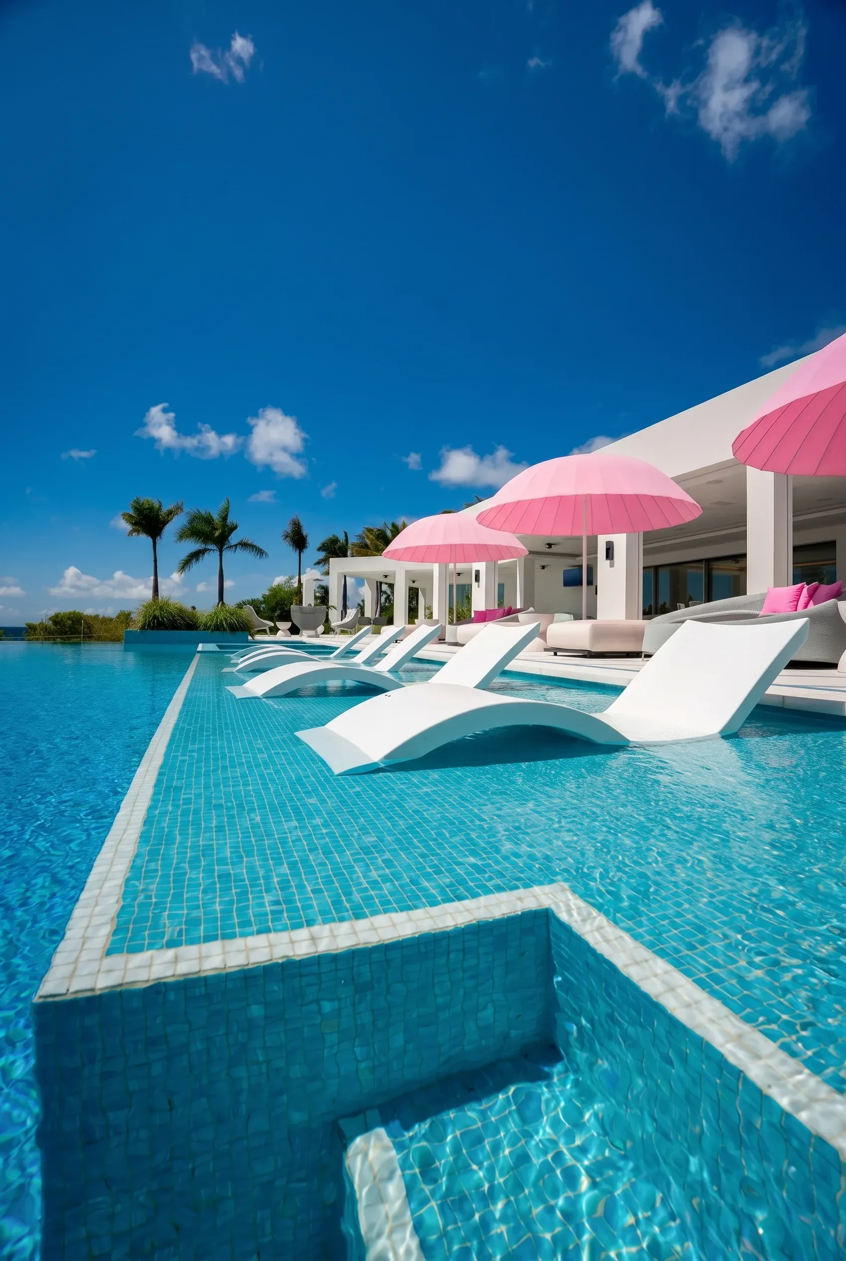 Sculpted loungers at the water's edge