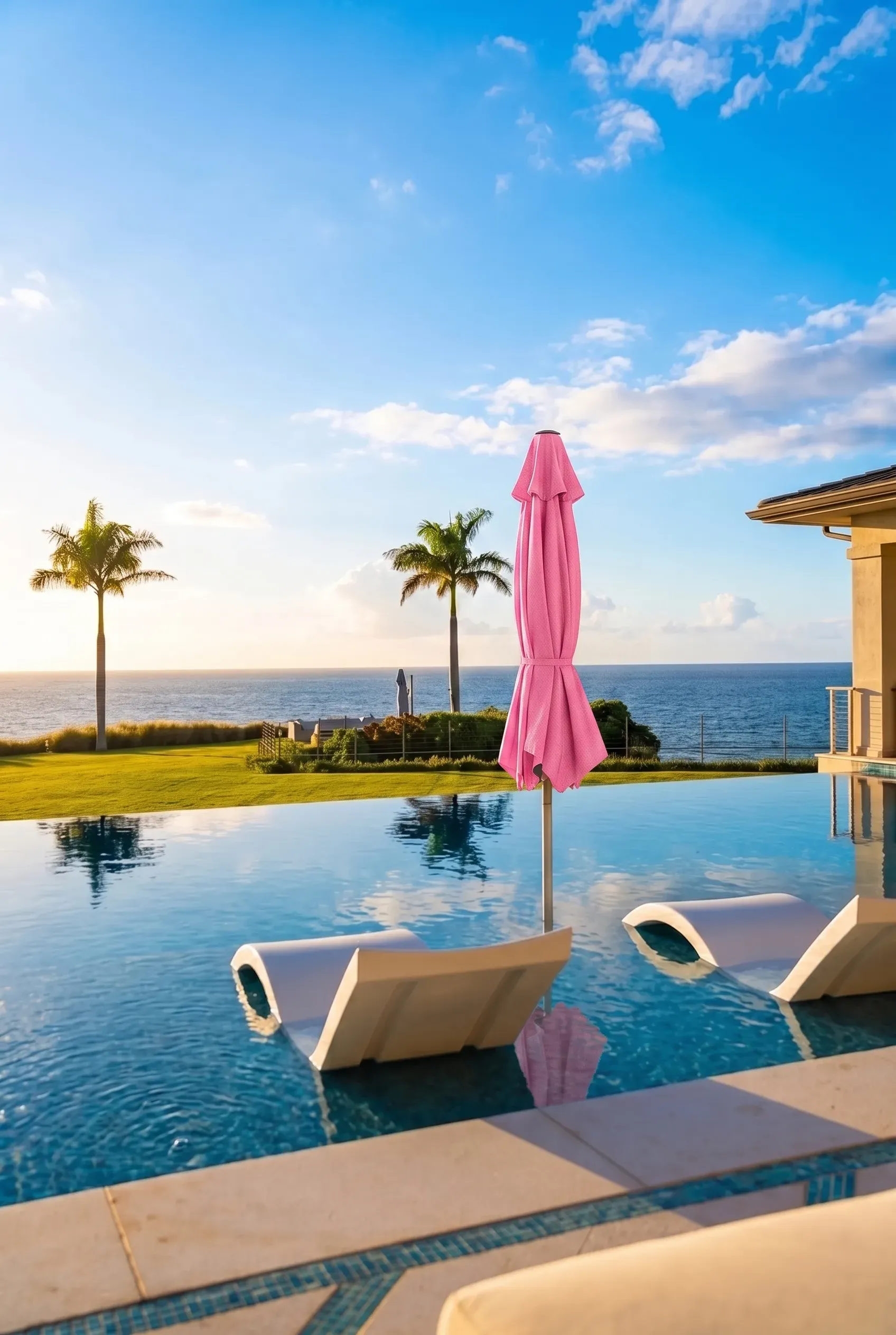 Pink parasols over the pool on a bright day