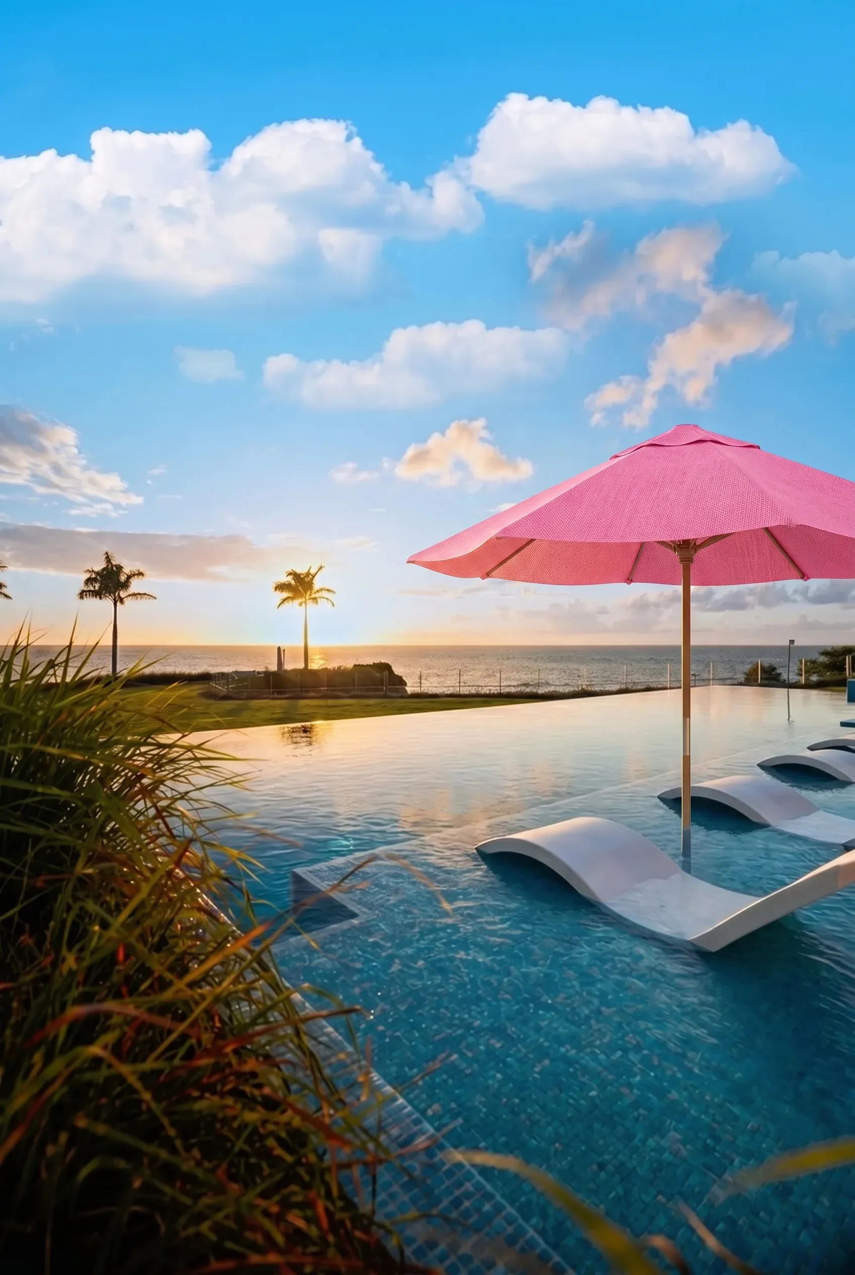 The sun terrace under pink parasols