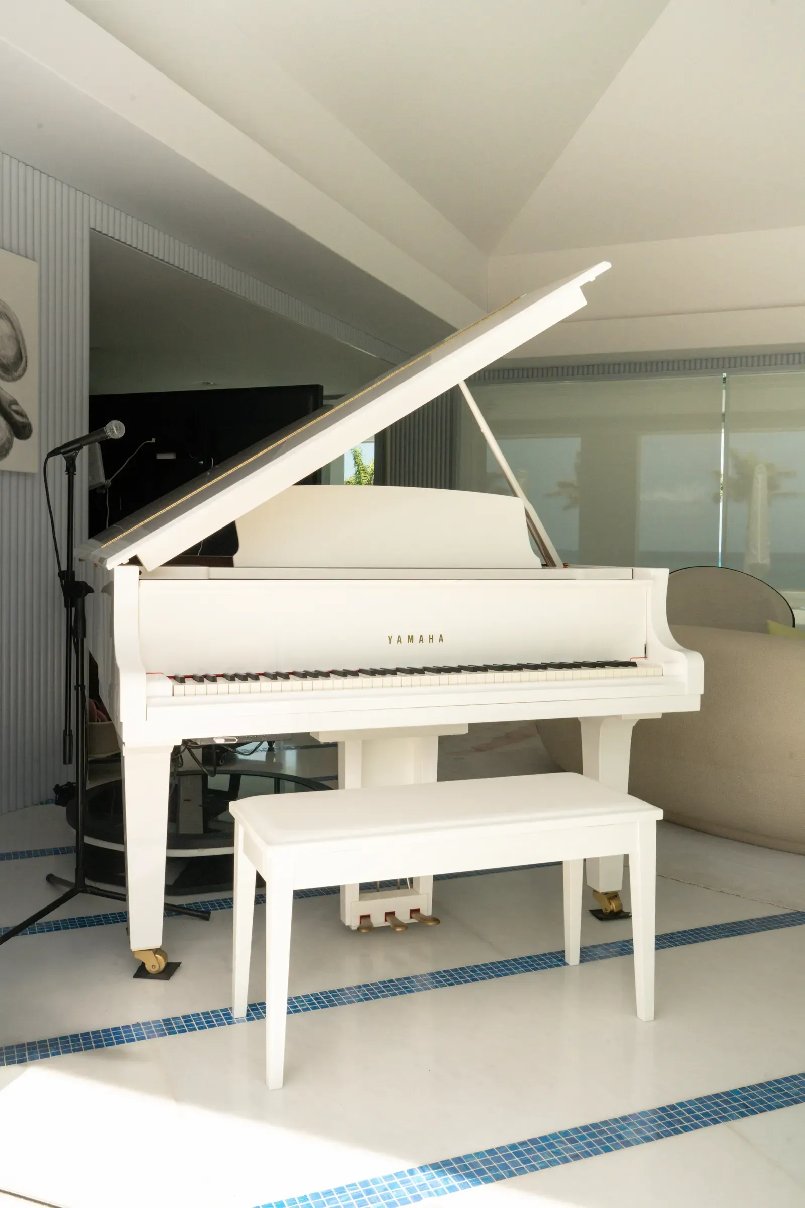 The white grand piano in the party room