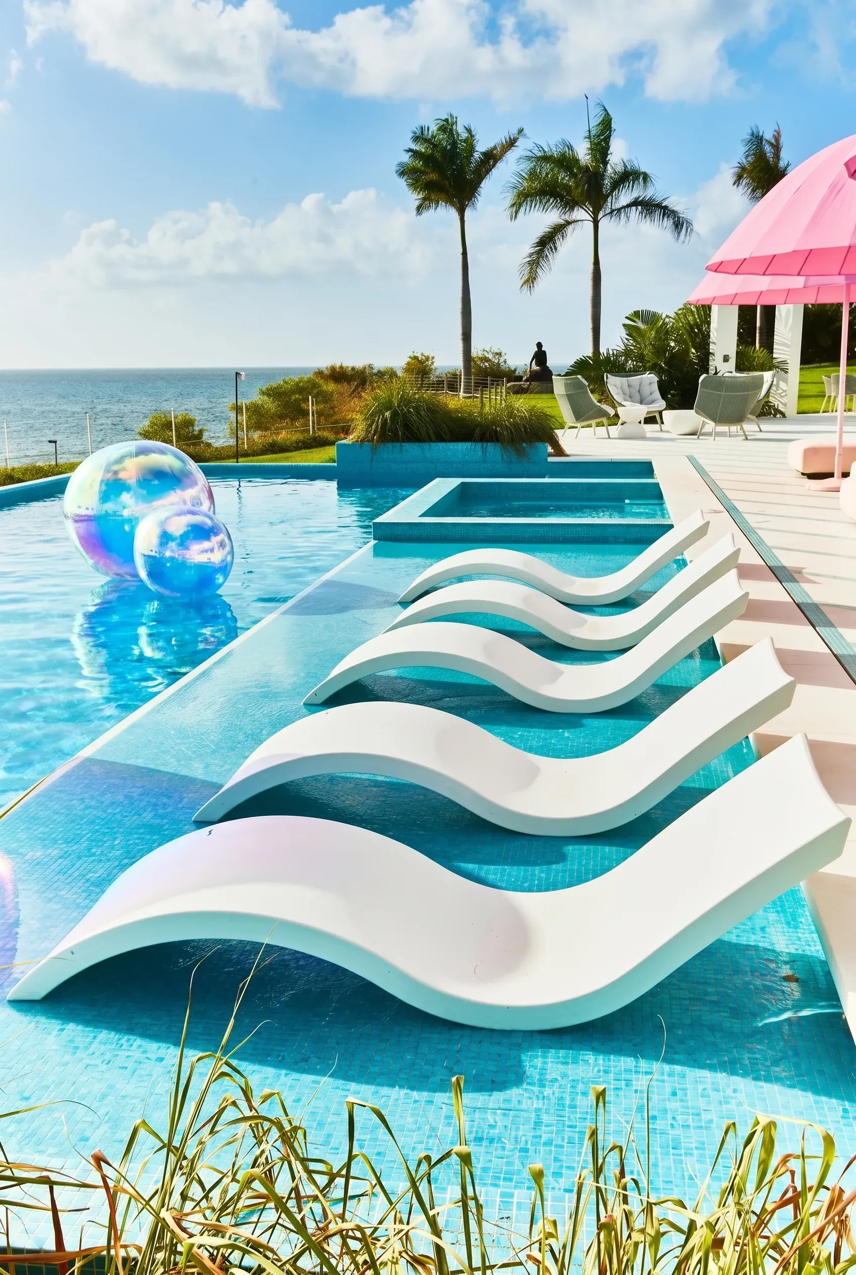 In-pool loungers overlooking the sea