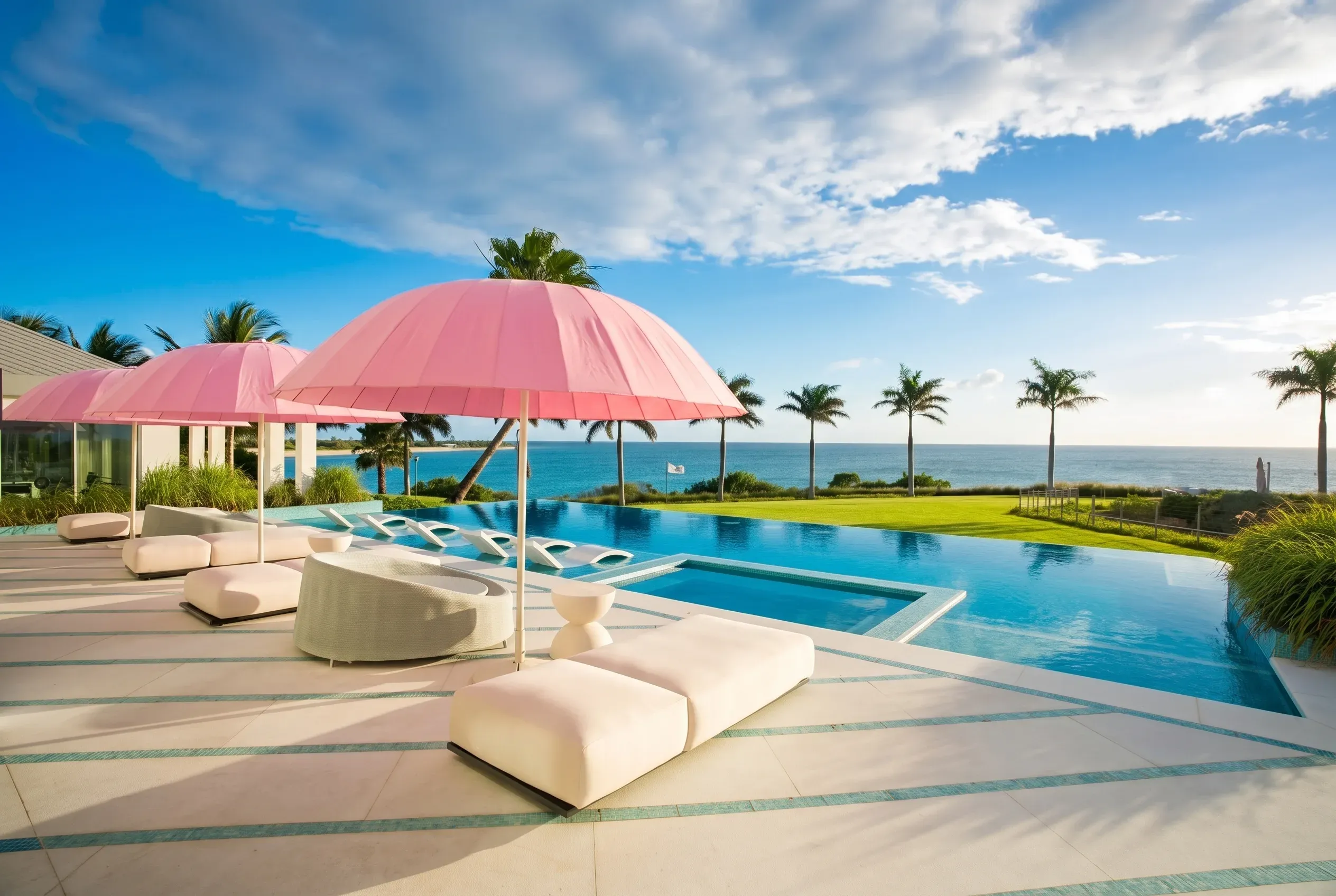 Morning light over the pool terrace and the sea