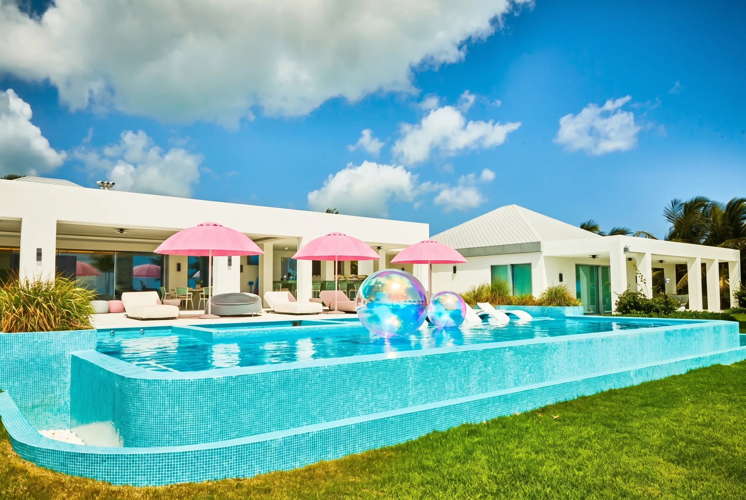 Cliff-edge pool with pink parasols and sculpted loungers
