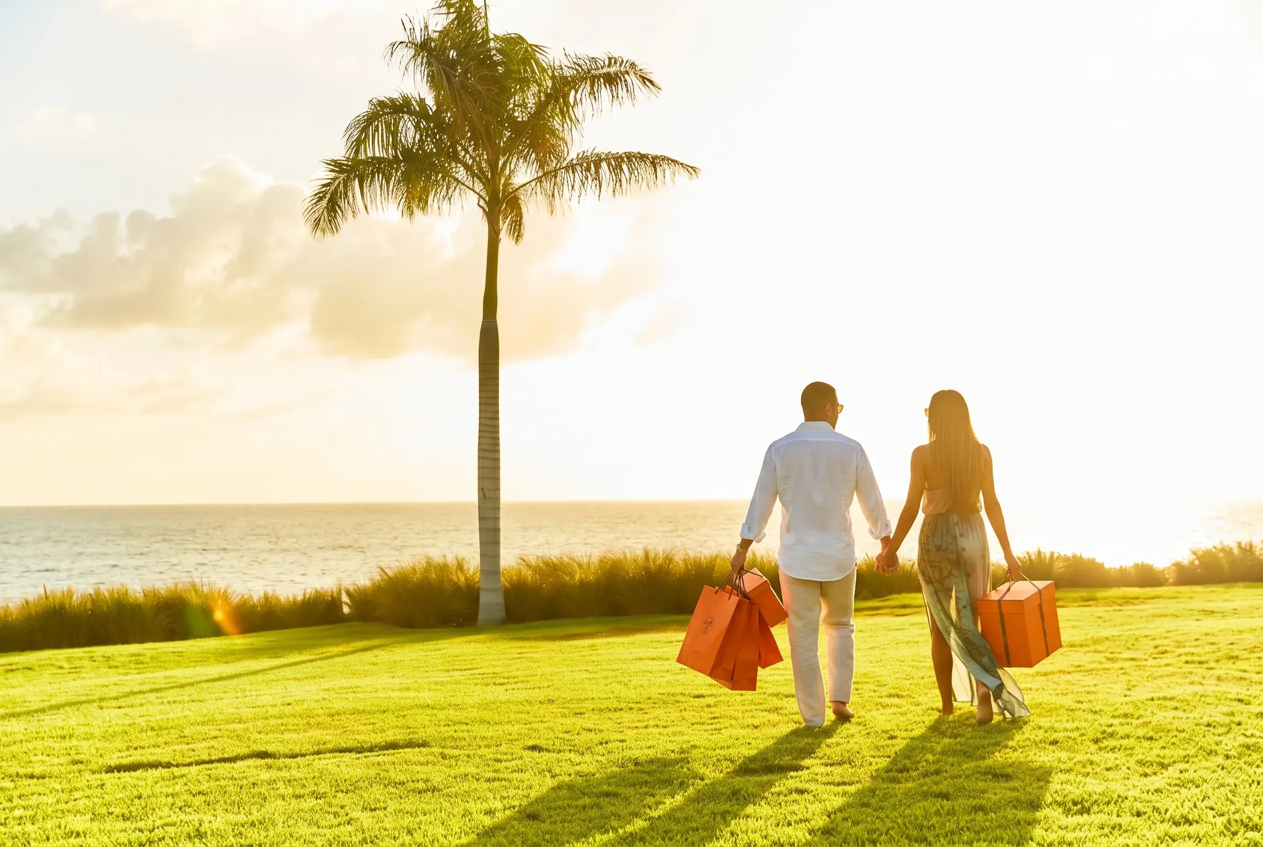 Returning across the lawn from a St Barths shopping run at sunset