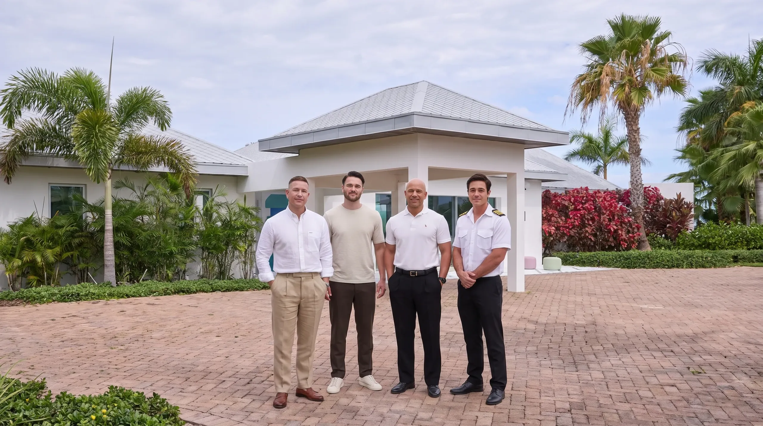 The estate's staff on the pool terrace — butler, household, captain and pilot