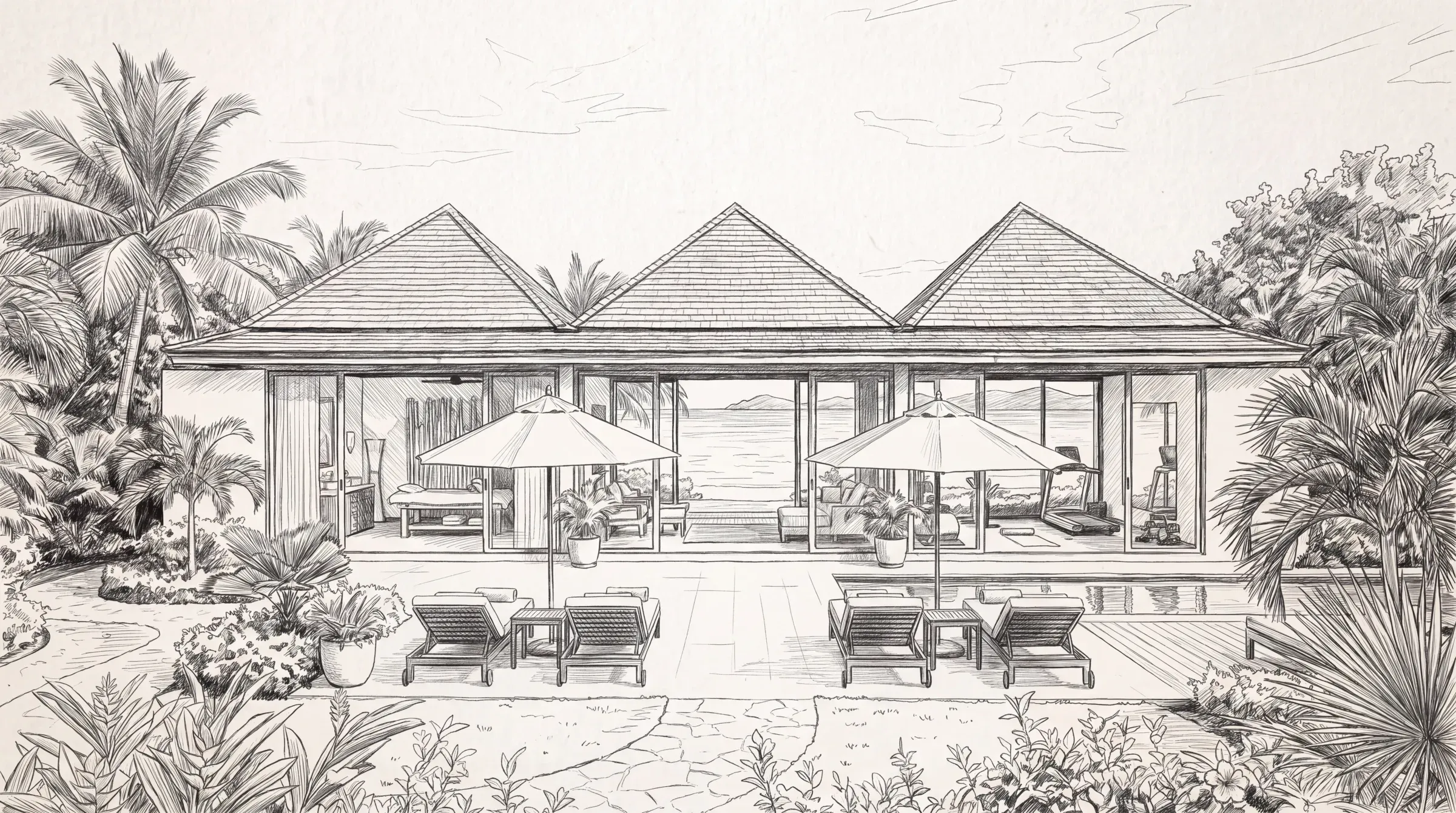 Sketch of the Wellness Cabana — massage room and gym behind glass